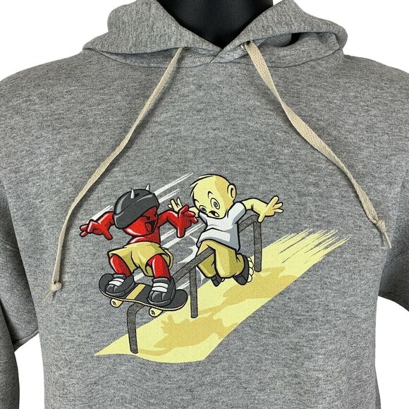 Vintage Skateboarding Devil Demon Hoodie Mens Medium Hooded Sweatshirt 90s Gray - Picture 1 of 6
